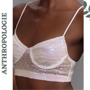 Anthropologie Sequin Mesh Crop Top XL – Iridescent White Sparkle